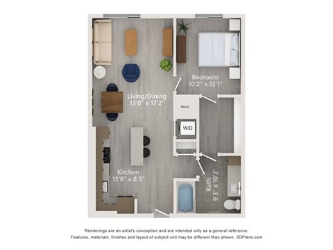 A floor plan of a small apartment with a living room, dining room, kitchen, and two bedrooms.